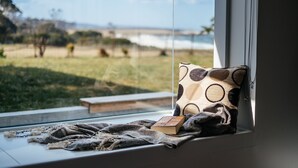 Ein Fenster mit Blick auf eine Wiese und ein Gewässer.