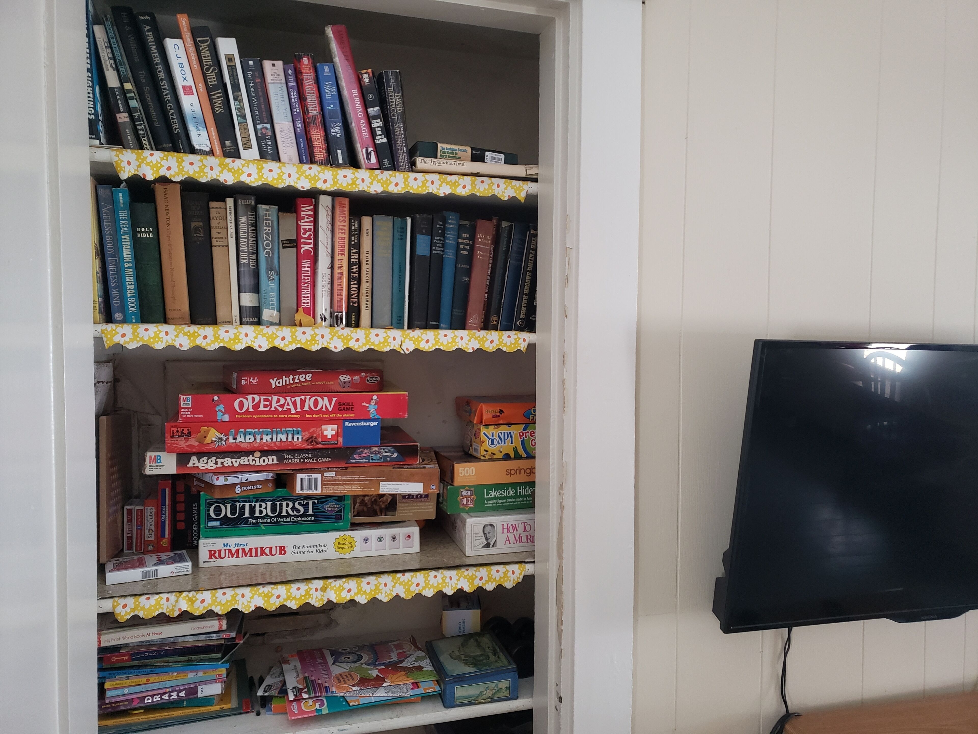 A bookshelf filled with books and board games, a television mounted on the wall, and a partially visible door.