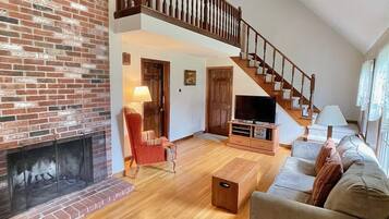 Smart TV, fireplace, DVD player, books