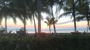 Une scène de plage avec des palmiers, un véhicule garé et des personnes qui se détendent.