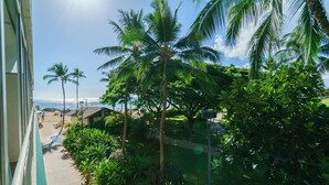 Un balcón con vista a una playa, palmeras y un cielo despejado.