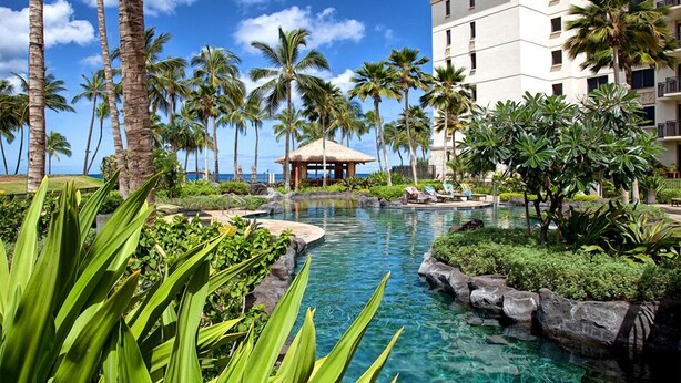 Zwembad van een resort met palmbomen, een kiosk en een gebouw met balkons.