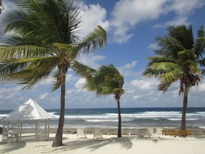On the beach, sun loungers