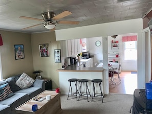 TV, fireplace, DVD player, books