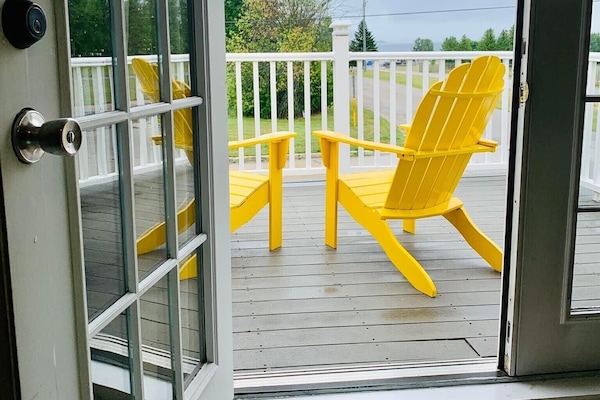 Upstairs deck, watch ferry come and go from Mackinac Island.