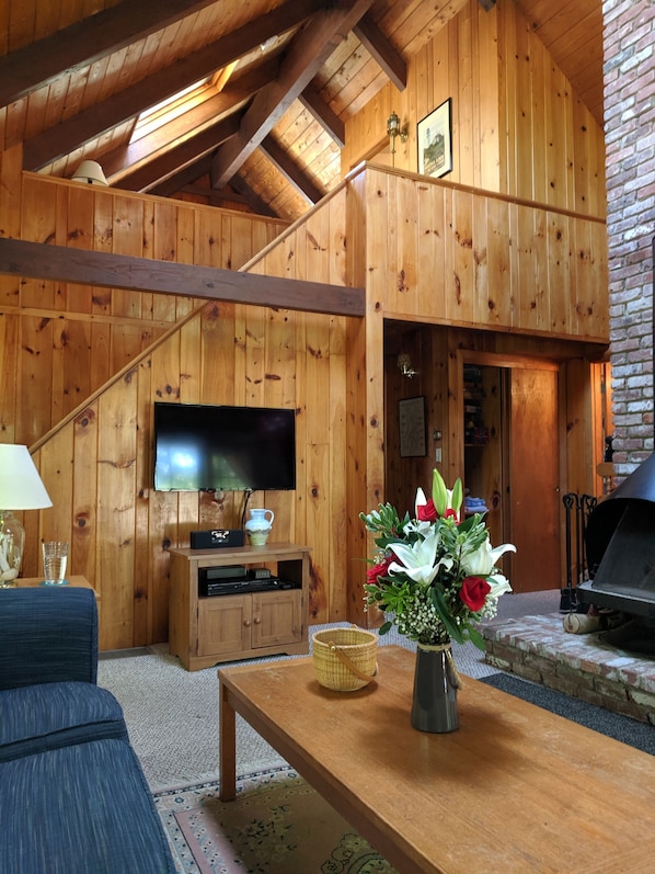 A wooden interior with a TV, sofa, table, and fireplace. - Bright, spacious, private beach home. Big backyard, firepit, deck. Family fave! (Eastham)