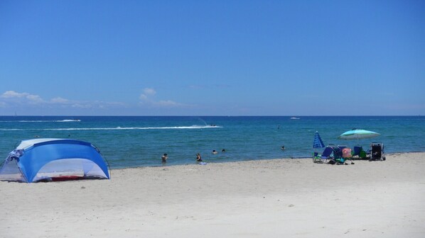 Plage à proximité, chaises longues, serviettes de plage