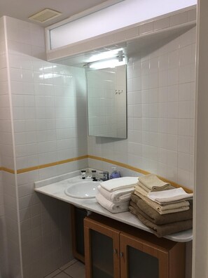 Ein Badezimmer mit einem weißen Waschbecken, einem Spiegel und Holzschränken.