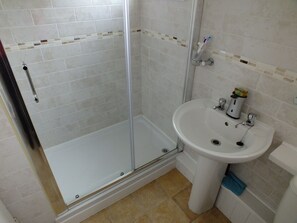 Shower, hair dryer, towels, toilet paper