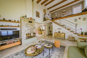Smart TV, chimenea, libros