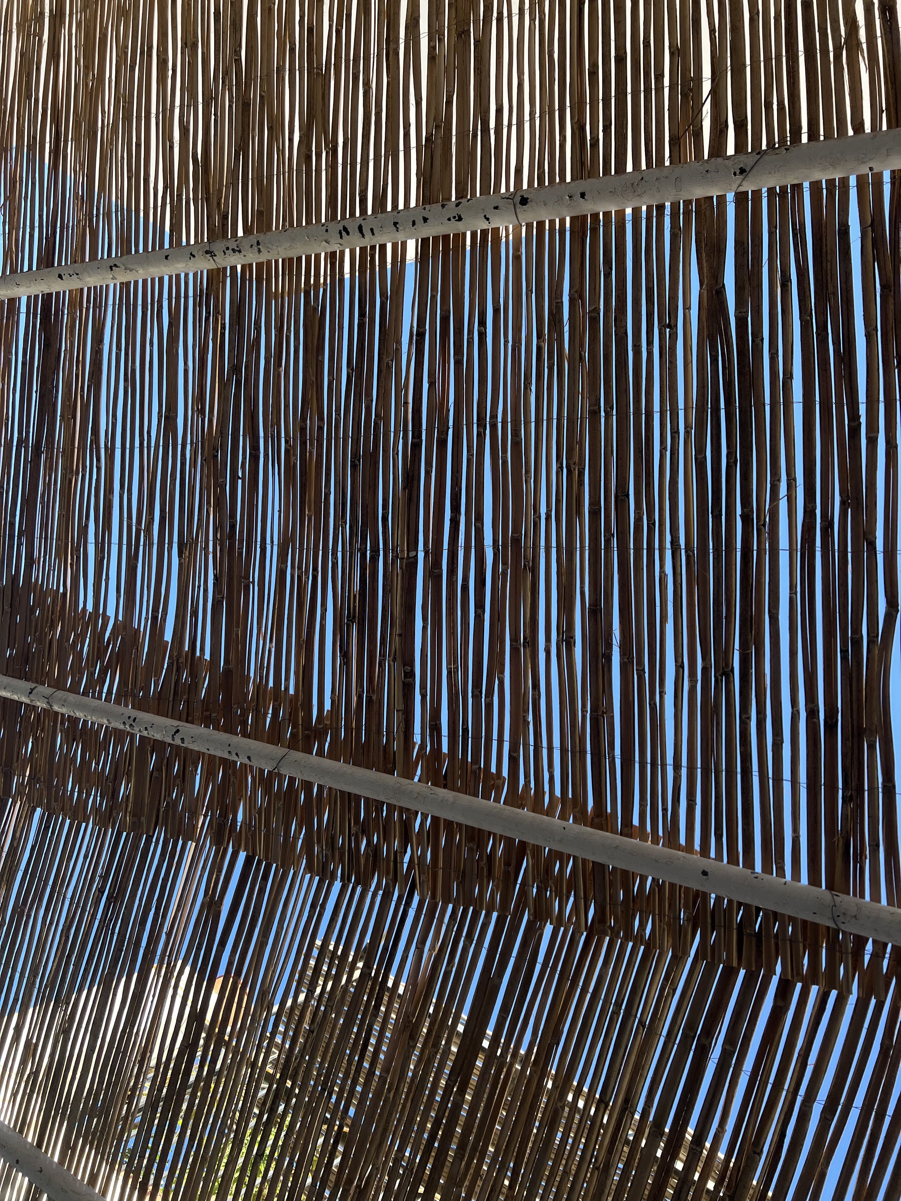 A close-up of a bamboo structure with vertical slats and horizontal beams.
