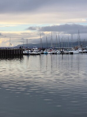 A marina with multiple boats docked, calm water, and a cloudy sky. - Dairy Cottage East Challoch Farm (Stranraer)