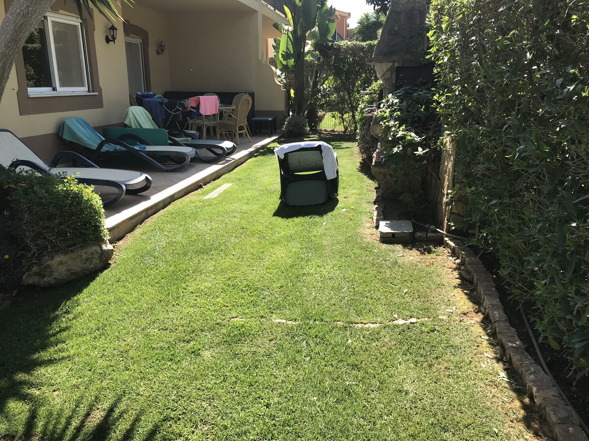 Un césped cuidado con un vehículo verde pequeño estacionado en el centro.