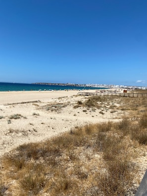 A beach with a wooden walkway leading to the water, a sandy area with sparse vegetation, and a distant view of a town.
