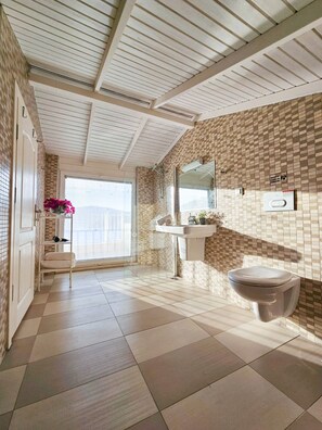 Hair dryer, towels, soap, toilet paper