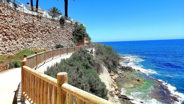 A coastal walkway with a wooden railing, palm trees, and a rocky cliff. - Beautiful apartment with private pool, wifi, tv, close to all amenities (Orihuela Costa)