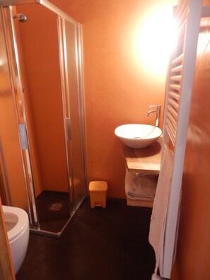 Chuveiro, secador de cabelo, toalhas de banho, papel higiênico