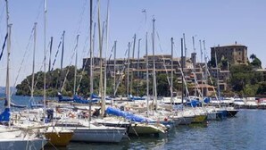 A marina with multiple sailboats docked, a historic building in the background, and a clear sky.