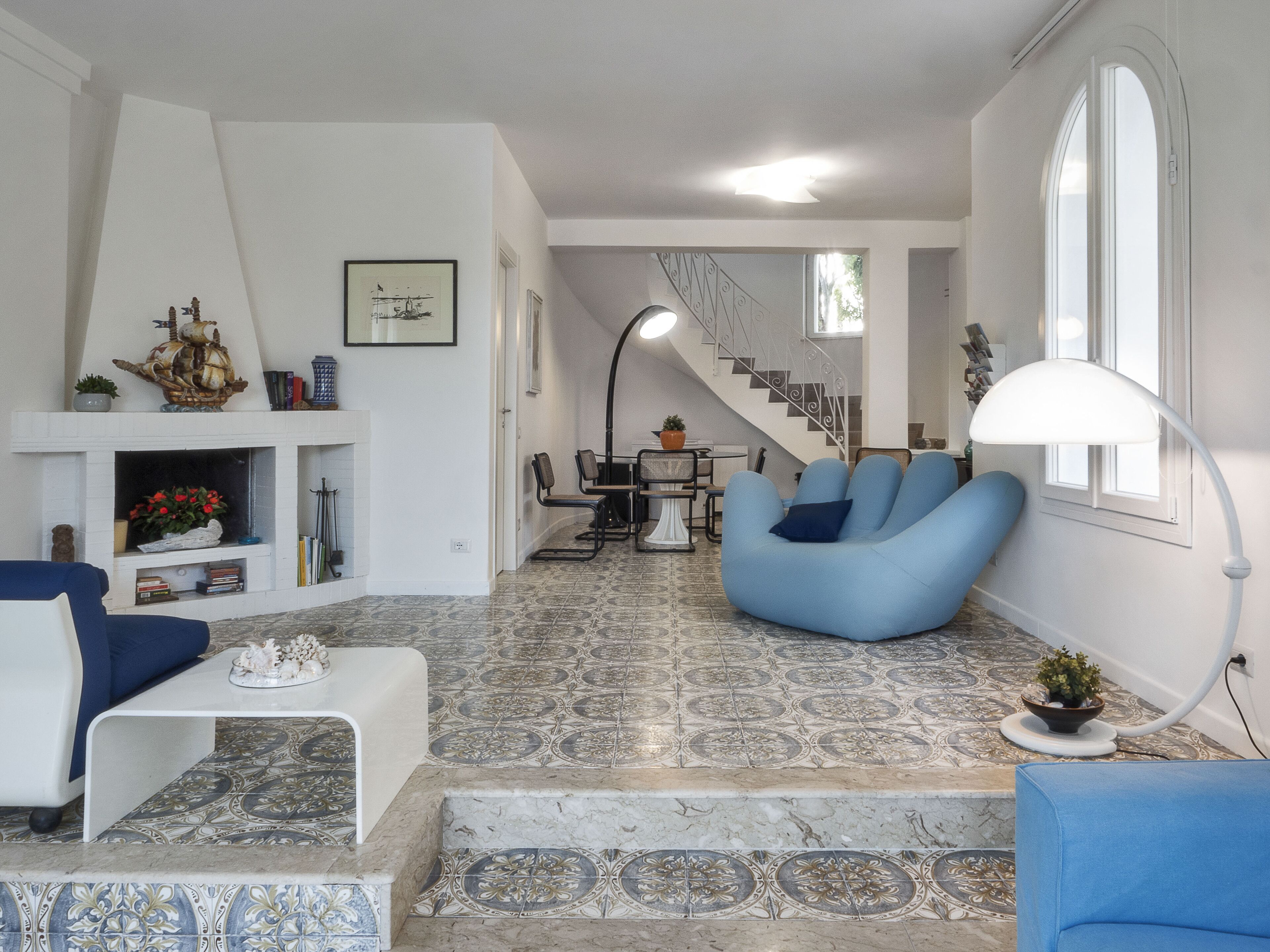 TV connectée, cheminée, lecteur de DVD, livres