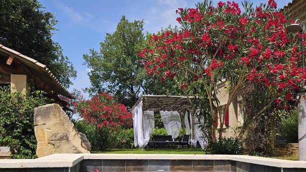 Piscina límpida com borda de pedra, rodeada por vegetação exuberante e plantas floridas vermelhas.
