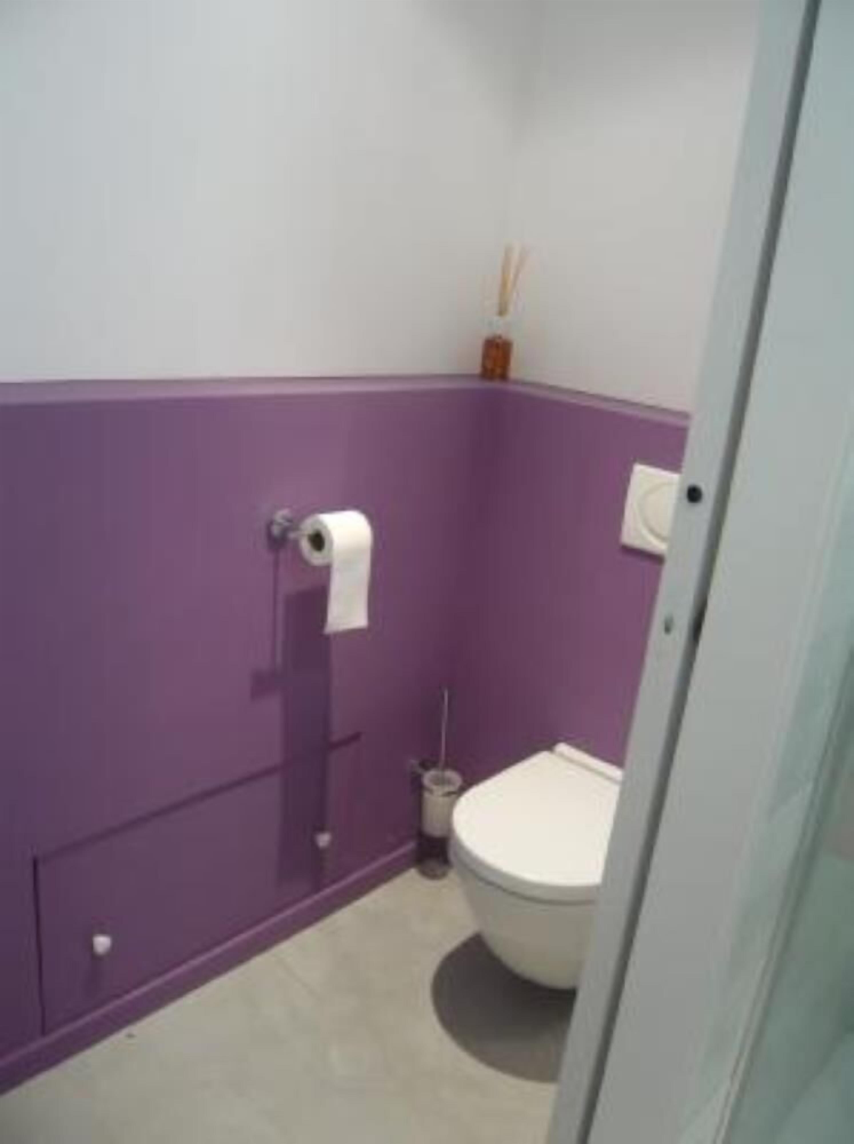 Une salle de bain avec des murs violets, des toilettes blanches et un rouleau de papier toilette accroché au mur.