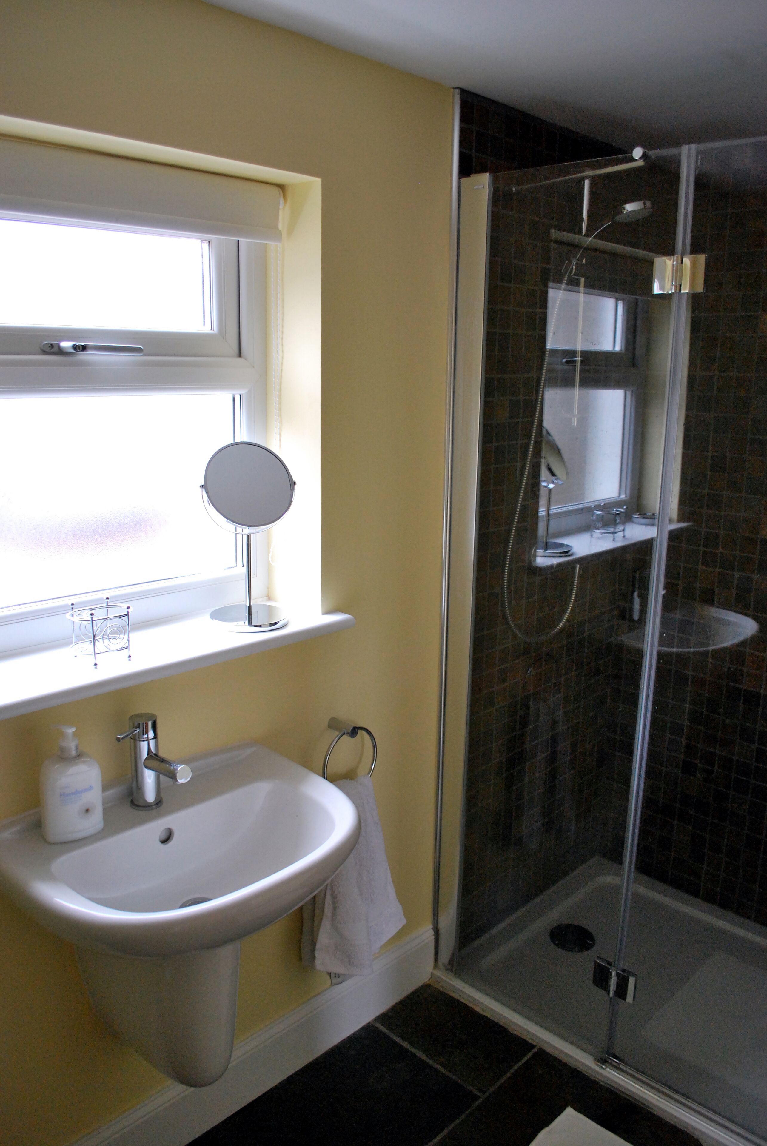 Een badkamer met een wastafel, spiegel en douche.