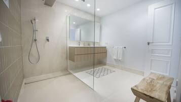 Ducha y bañera combinadas, secador de pelo, toallas y papel higiénico