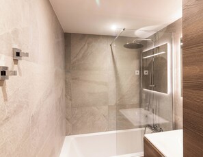Combined shower/tub, hair dryer, towels, soap