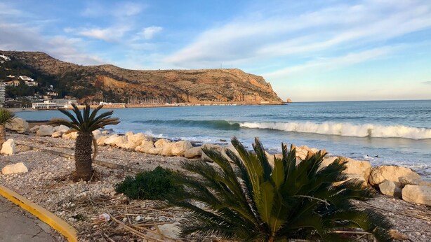 A coastal landscape with a rocky beach, palm trees, and a mountain in the background. - Detached Villa Close to Arenal Beach, Javea -Stunning, Very Private Villa & Pool (El Tosalet)