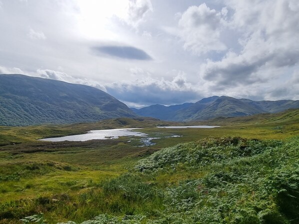 A mountainous landscape with a lake and grassy fields.