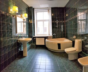 Combined shower/bathtub, jetted bath, hair dryer, bidet