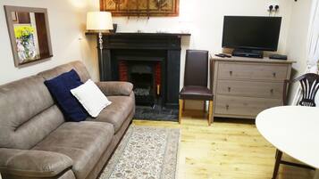 Smart TV, fireplace, DVD player, books