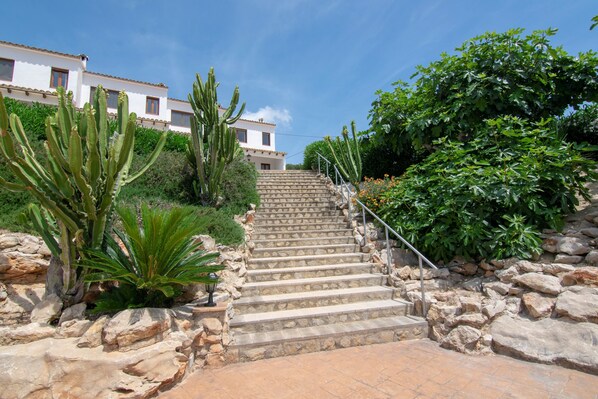 A stone staircase leading to a building with white walls and a tiled roof, surrounded by cacti and shrubs.