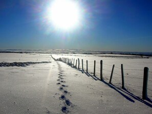 Schneebedeckte Landschaft mit einem Zaun und Fußspuren, die zum Horizont führen.