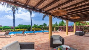 A covered outdoor area with lounge chairs, a pool, and a table with fruits and drinks.