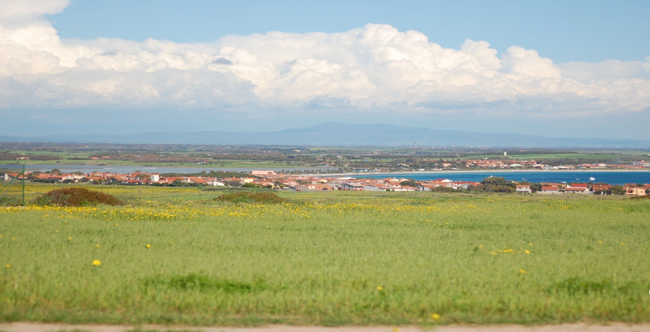 A coastal landscape with a view of a town, green fields, and a body of water.