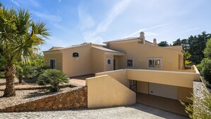 Eine Villa im mediterranen Stil mit einer Steismauer, einem gepflasterten Zugangsweg und einer Palme.