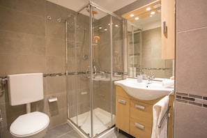 Shower, hair dryer, bidet, towels