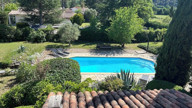 A swimming pool surrounded by lush greenery and a mountainous backdrop.