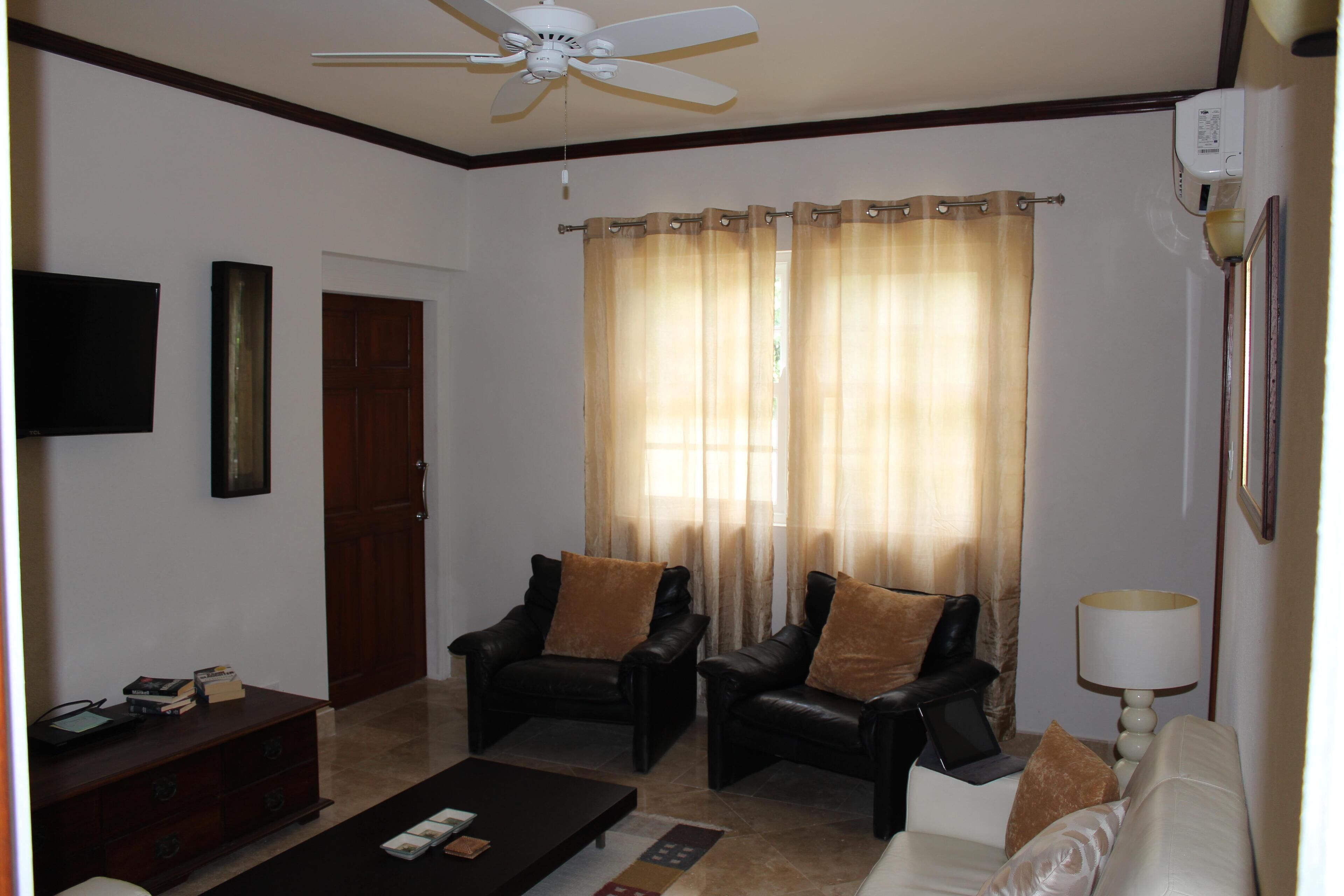A living room with a ceiling fan, two leather armchairs, a sofa, a coffee table, a TV, and a lamp.