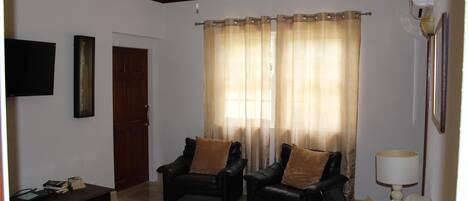 A living room with a ceiling fan, two leather armchairs, a sofa, a coffee table, a TV, and a lamp.