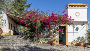A building with a stone staircase, a door, and a balcony with pink flowers. - House Countryside with view on the Dam, with Pool, lawn, Barbecue, porch (Barragem de Montargil)