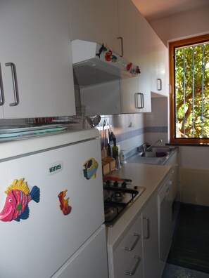 Een compacte keuken met witte kasten, een gasfornuis en een raam met uitzicht op groen.