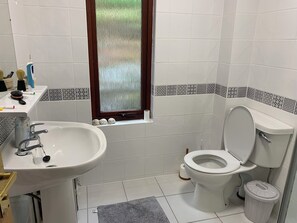 Bathtub, hair dryer, towels, toilet paper