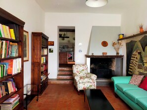 Een televisie, een open haard, een tafeltennistafel en boeken