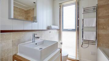 Combined shower/tub, hair dryer, towels