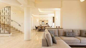 Smart TV, fireplace, video games, DVD player