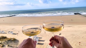 Two hands holding wine glasses with a beach and ocean in the background. - Maramar Westend Luxury Apartment with Sea View (Middelkerke)