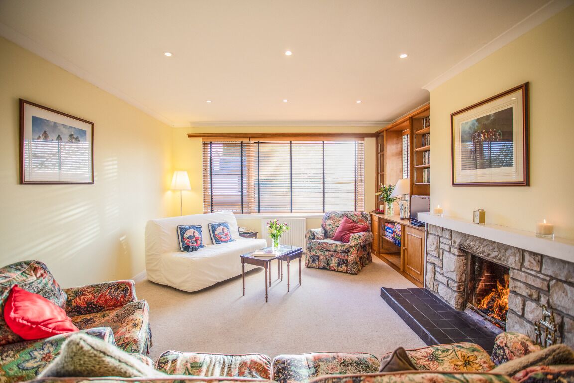 Smart TV, fireplace, DVD player, books