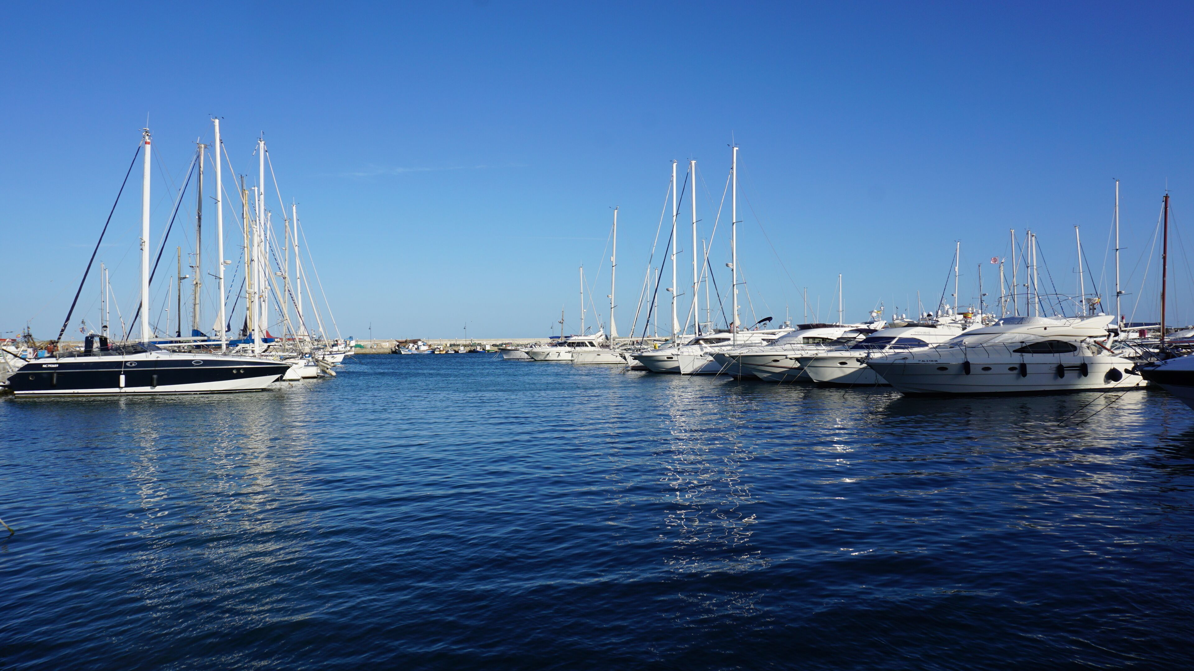 A marina with multiple yachts docked.
